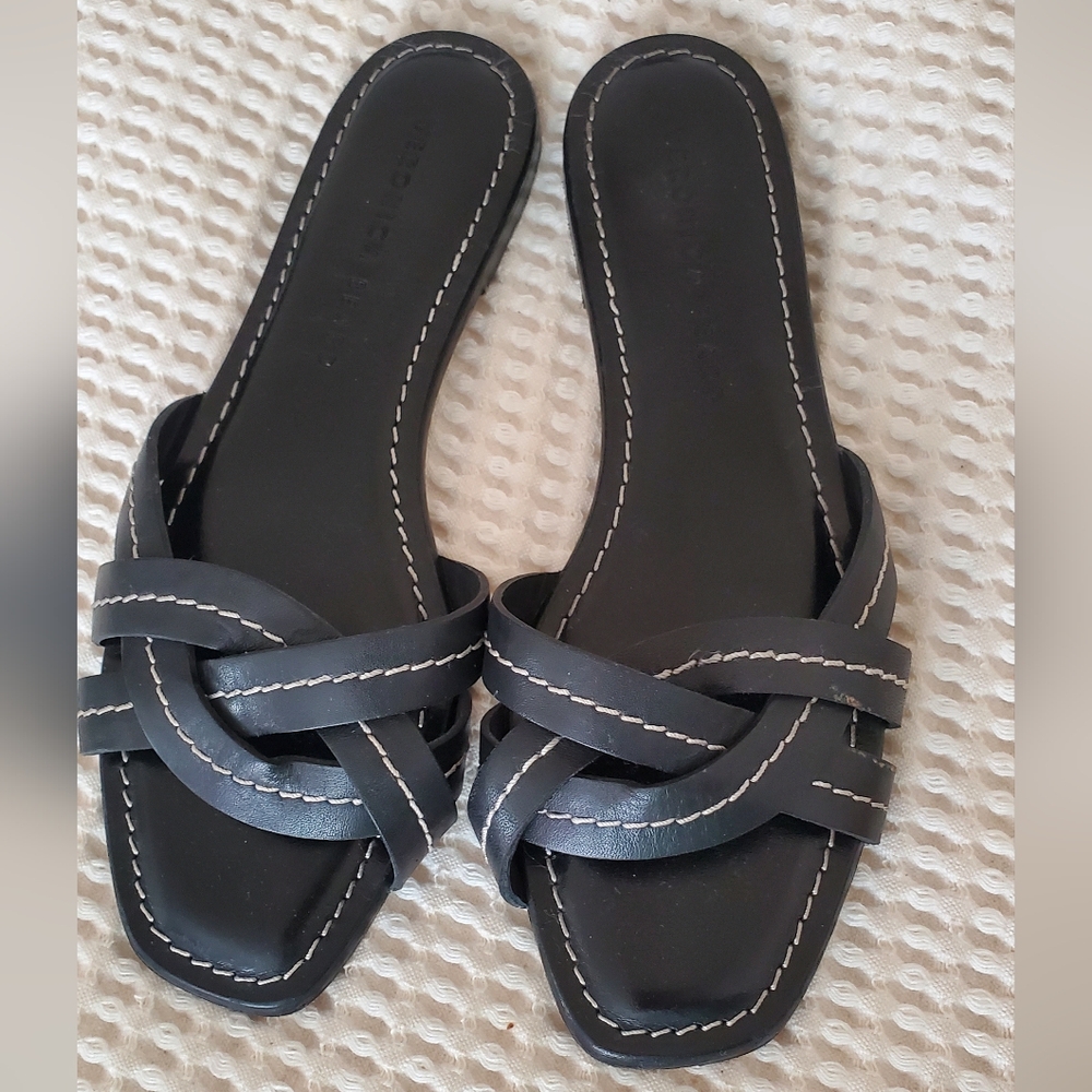 Veronica Beard Black Leather Braided Strap Sandals